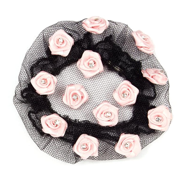 Dasha Satin Roses With Stones Bun Cover Black/Pink - DanceSupplies.com