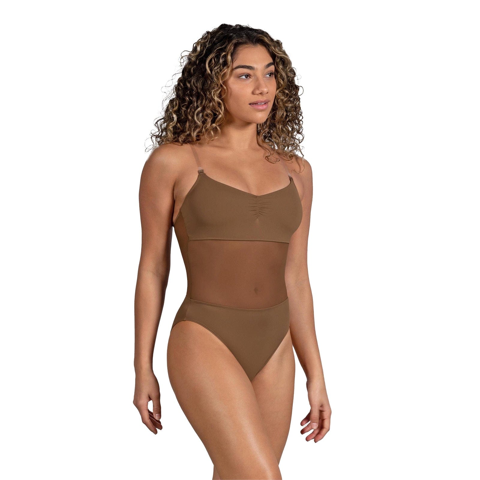 Bloch Ladies Cordelia Mesh Panel Pinch Front Bodysuit Adult P Almond - DanceSupplies.com