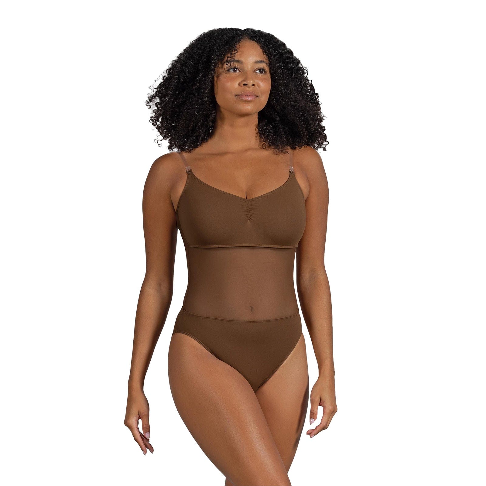 Bloch Ladies Cordelia Mesh Panel Pinch Front Bodysuit Adult P Cocoa - DanceSupplies.com