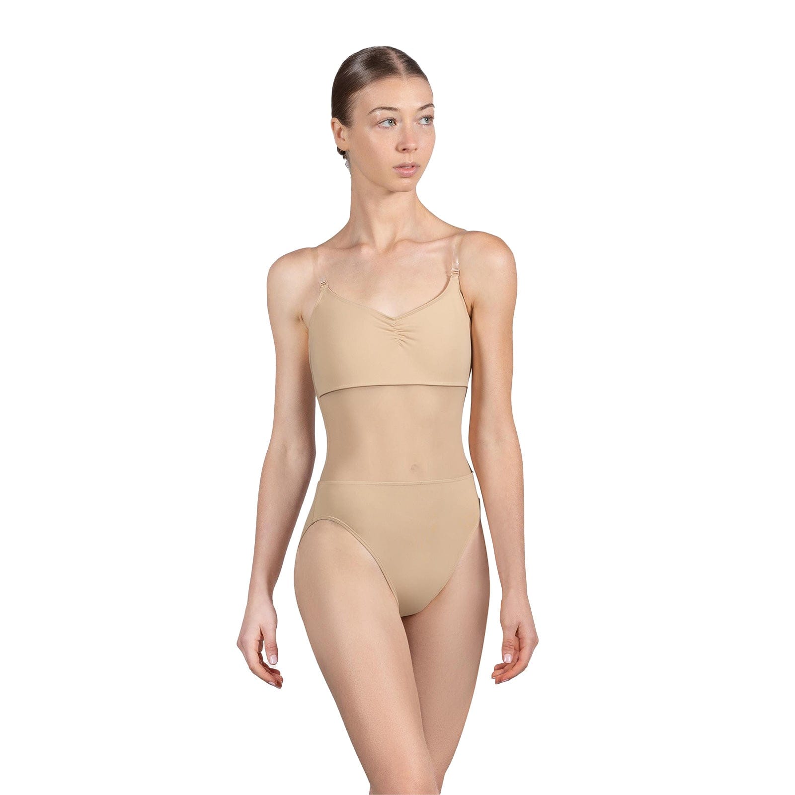 Bloch Ladies Cordelia Mesh Panel Pinch Front Bodysuit Adult P Sand - DanceSupplies.com