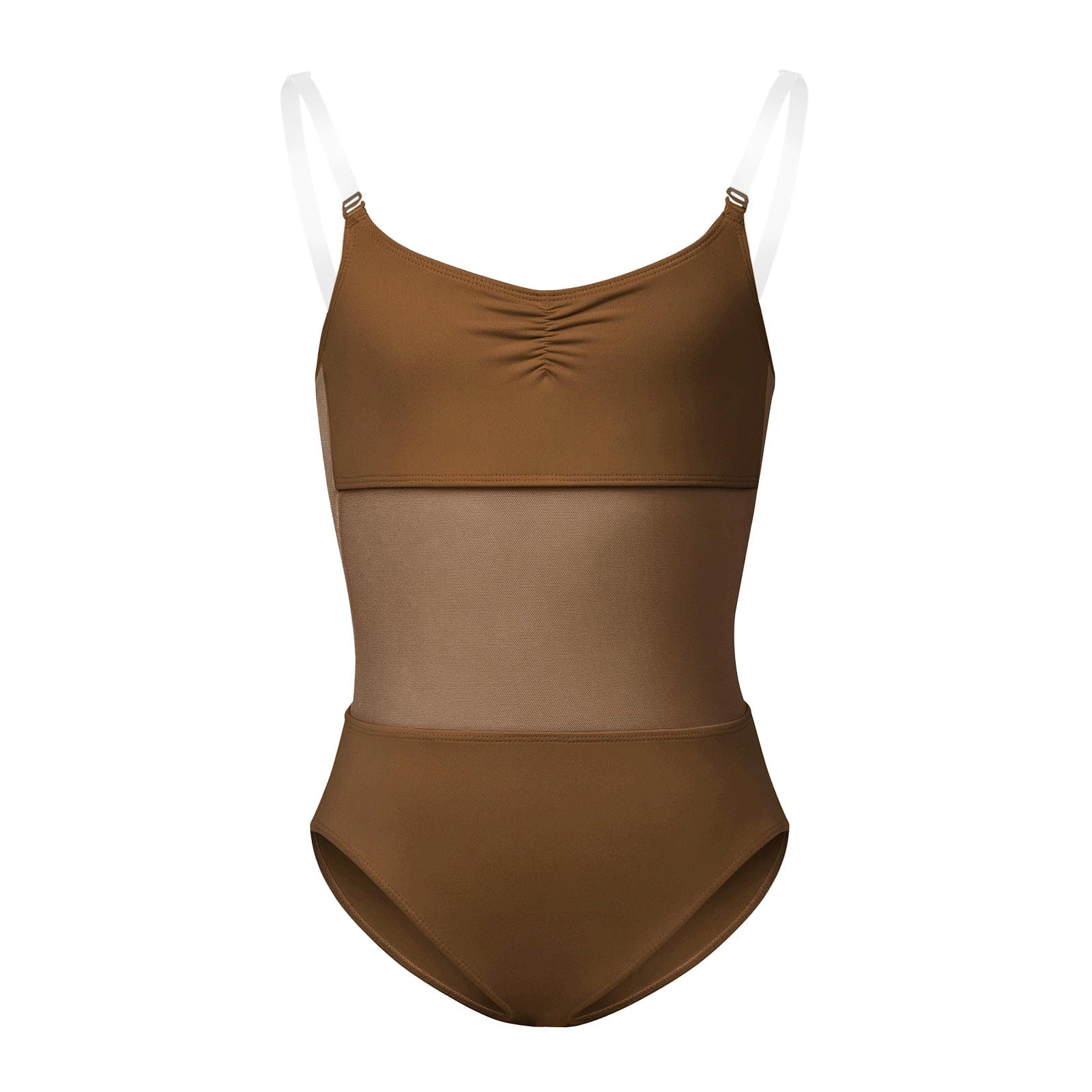Bloch Girls Sunna Mesh Panel Pinch Front Bodysuit Child 4-6 Cocoa - DanceSupplies.com