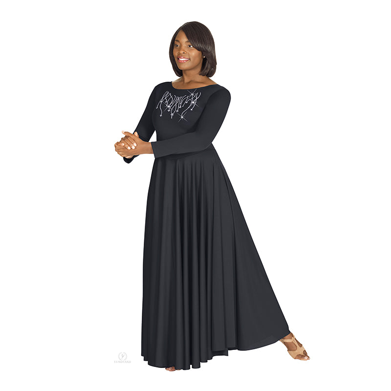 Eurotard Dress with Praise Rhinestone Applique Adult S Black - DanceSupplies.com