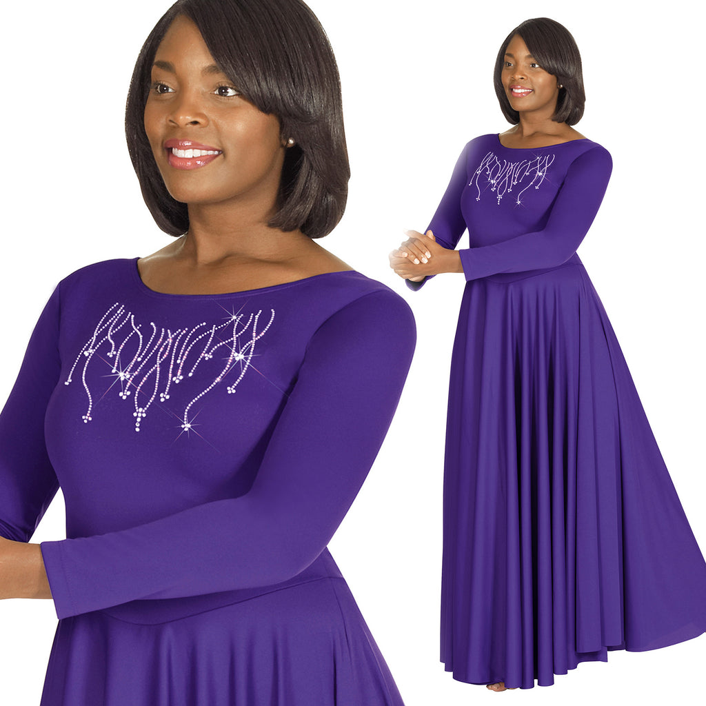Eurotard Dress with Praise Rhinestone Applique Adult S Purple - DanceSupplies.com