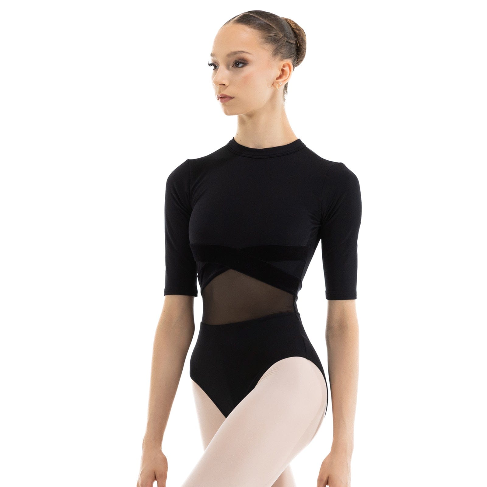 Nikolay Trina Half Sleeve Leotard Child 10-11 Black - DanceSupplies.com