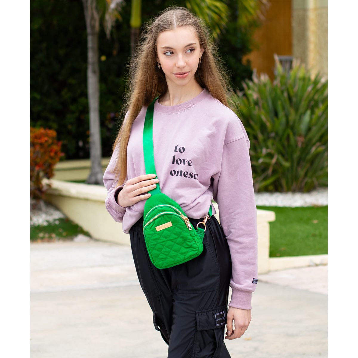Oh La La On The Move Puffer Sling Bag Kelly Green - DanceSupplies.com