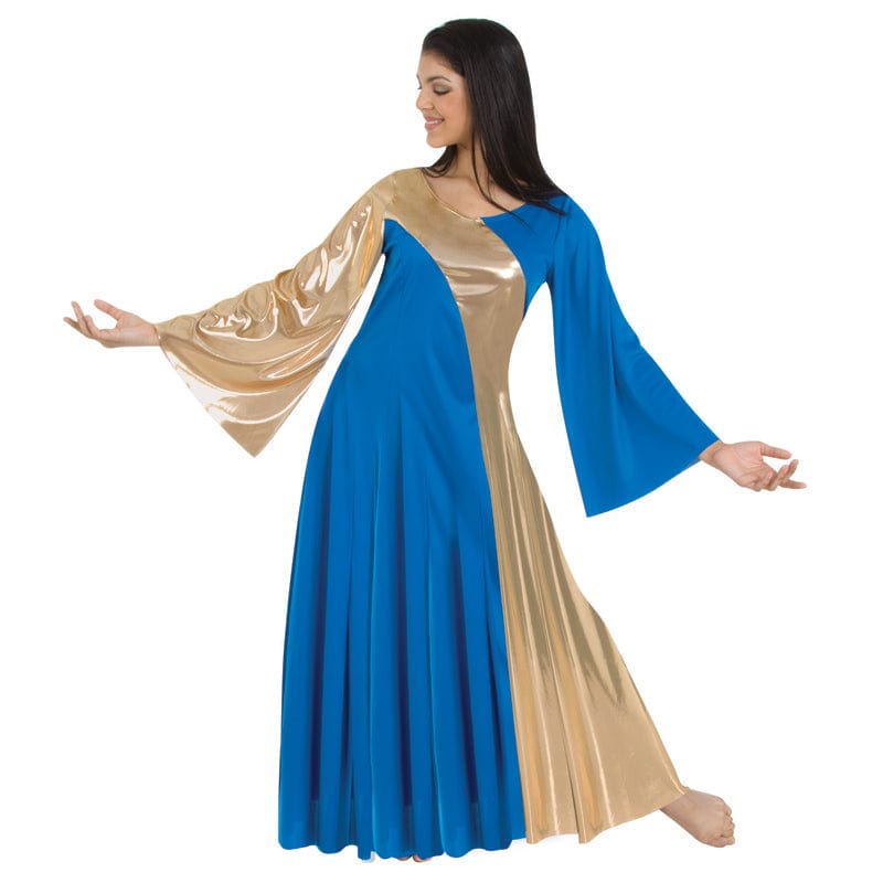 Body Wrappers Asymmetrical Bell Sleeve Dress | DanceSupplies.com Child 8-10 / Royal/Gold Body Wrappers Asymmetrical Bell Sleeve Dress | DanceSupplies.com Child 8-10 / Royal/Gold