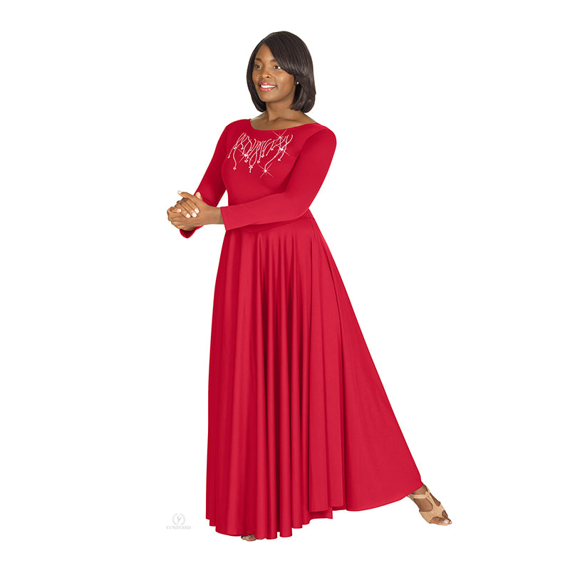 Eurotard Dress with Praise Rhinestone Applique Adult S Red - DanceSupplies.com