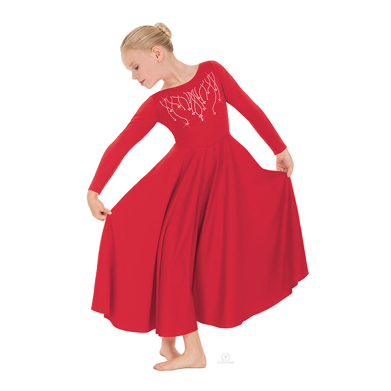 Eurotard Dress with Praise Rhinestone Applique Child S Red - DanceSupplies.com