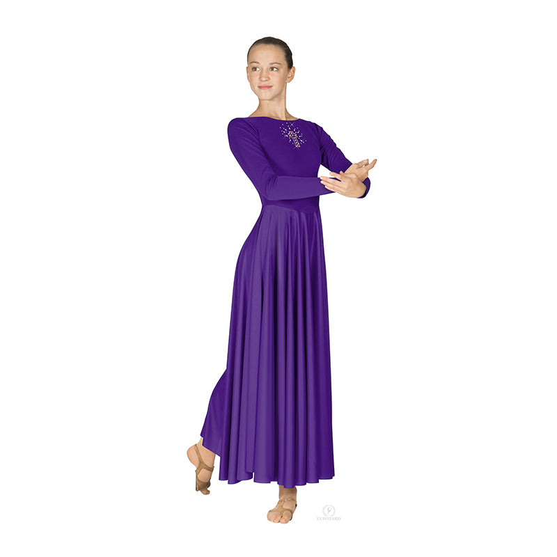 Eurotard Dress with Shining Gold Cross Applique Child S Purple - DanceSupplies.com