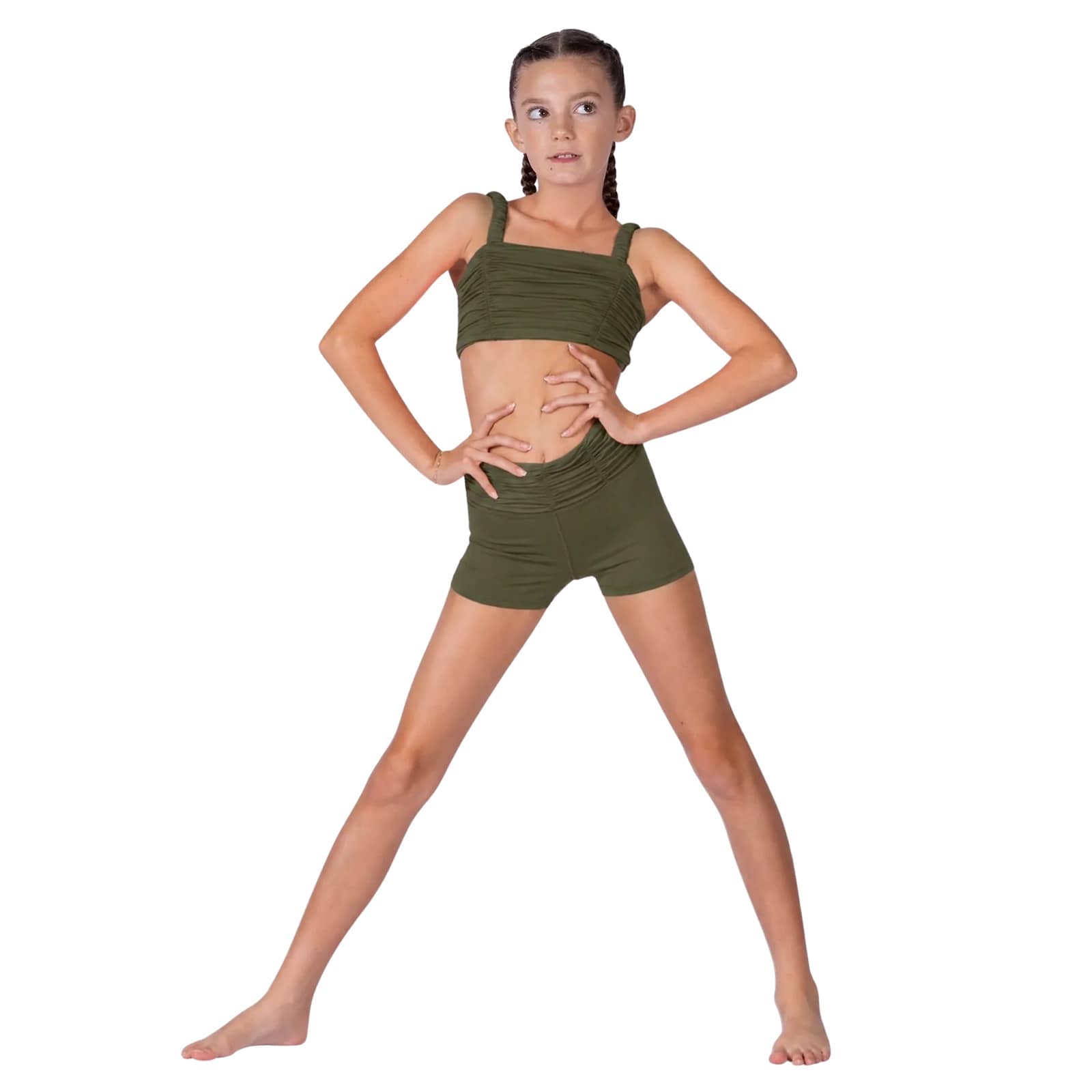 XO Dance Sassy Scrunch Shorts Child 8-10 Olive - DanceSupplies.com